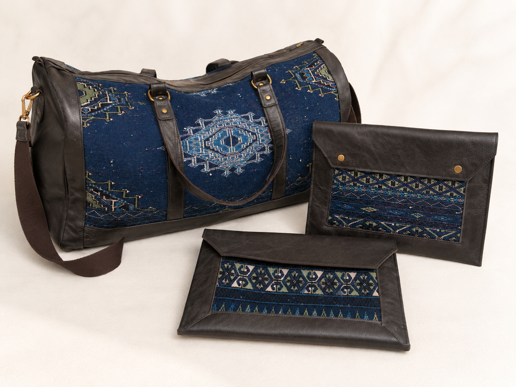 Handmade Duffle Bag and Laptop Cases with upcycled leather and textile panels by Rosanna Gethin