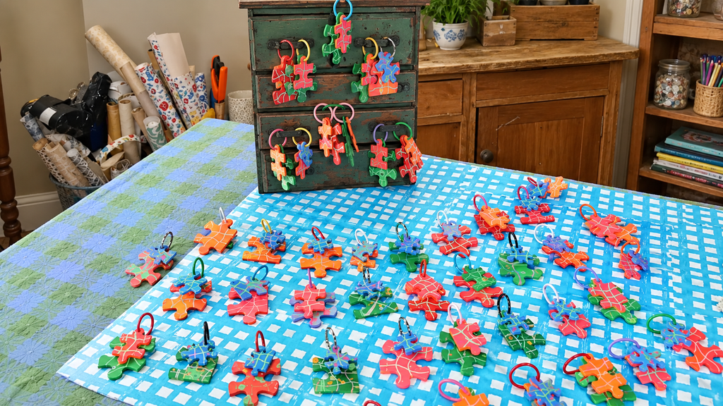 WOODEN JIGSAW PIECE BAG CHARMS BY SARAH MOORE