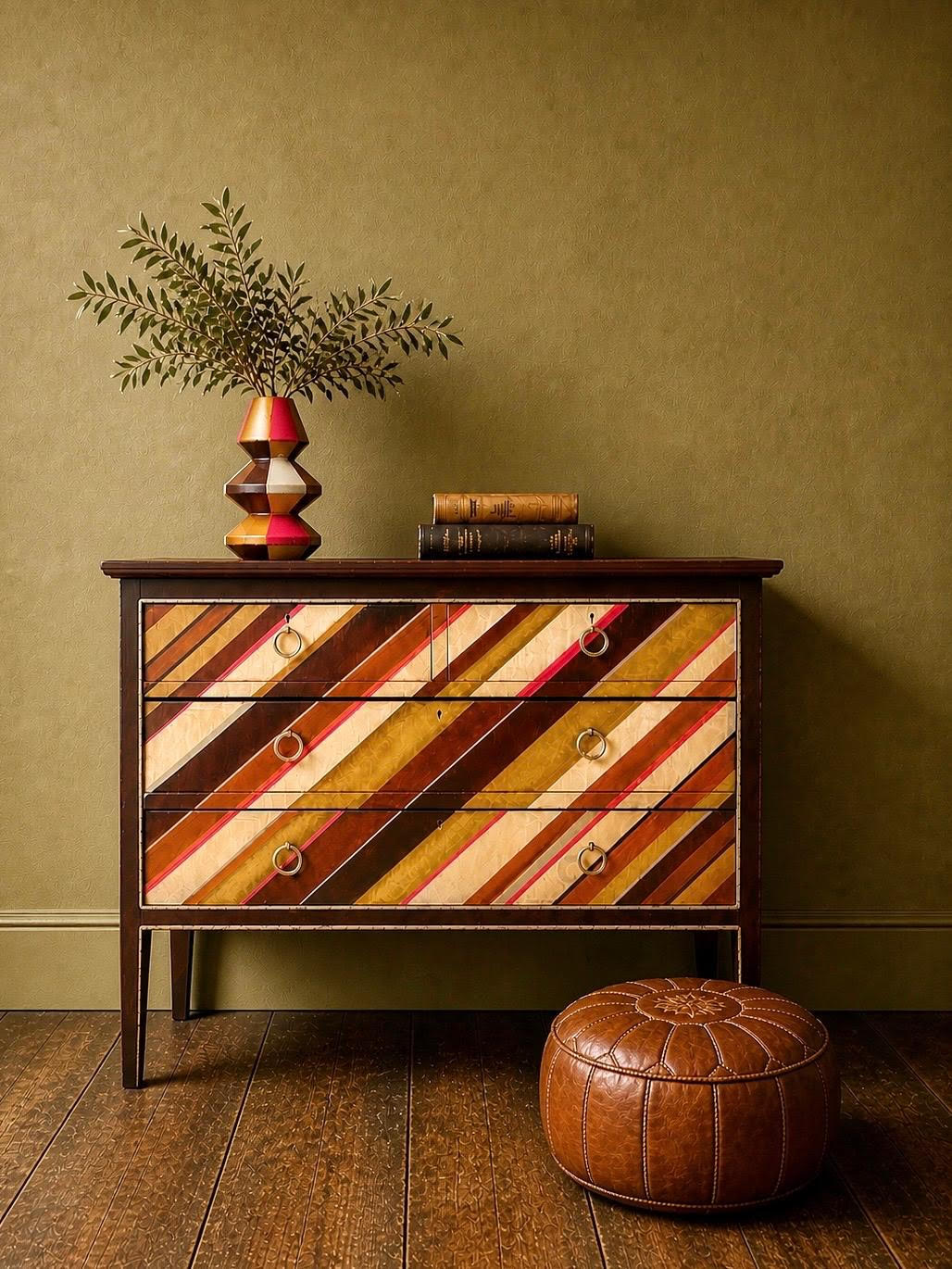 vintage chest of drawers with an asymmetrical painted design by Sarah Parmenter