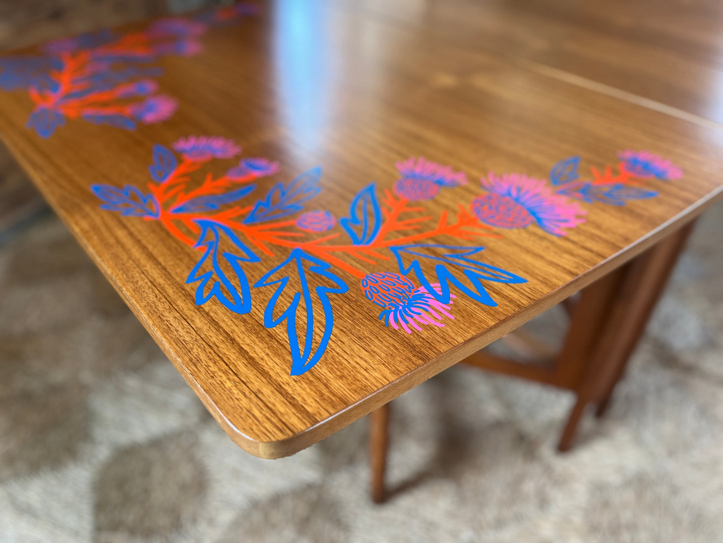 AH McIntosh Teak Double Extending Dining Table with Screen-Printed Thistles