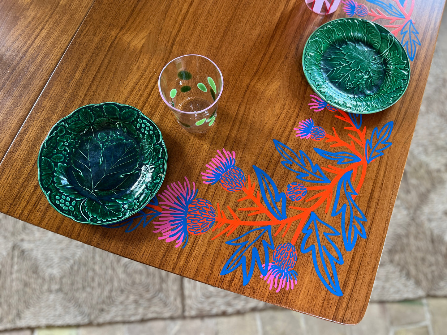 AH McIntosh Teak Double Extending Dining Table with Screen-Printed Thistles
