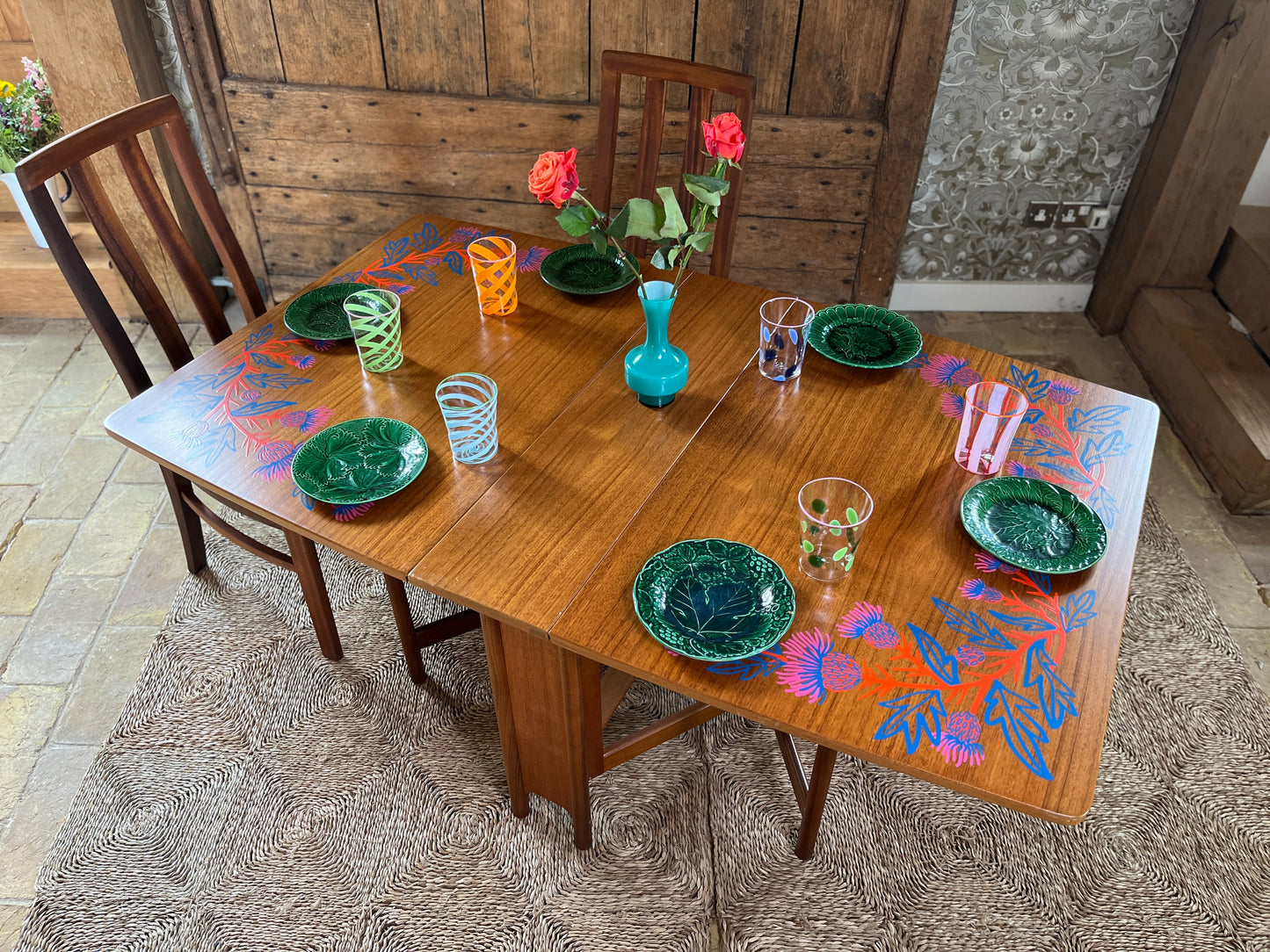 AH McIntosh Teak Double Extending Dining Table with Screen-Printed Thistles