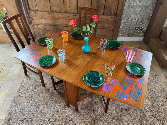 AH McIntosh Teak Double Extending Dining Table with Screen-Printed Thistles