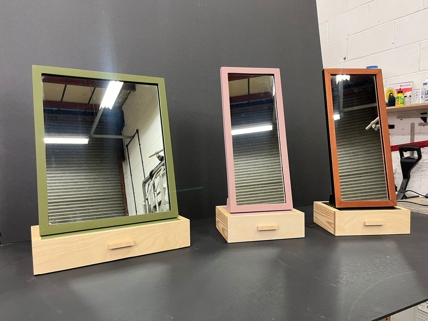 Mirror with bespoke storage drawer base