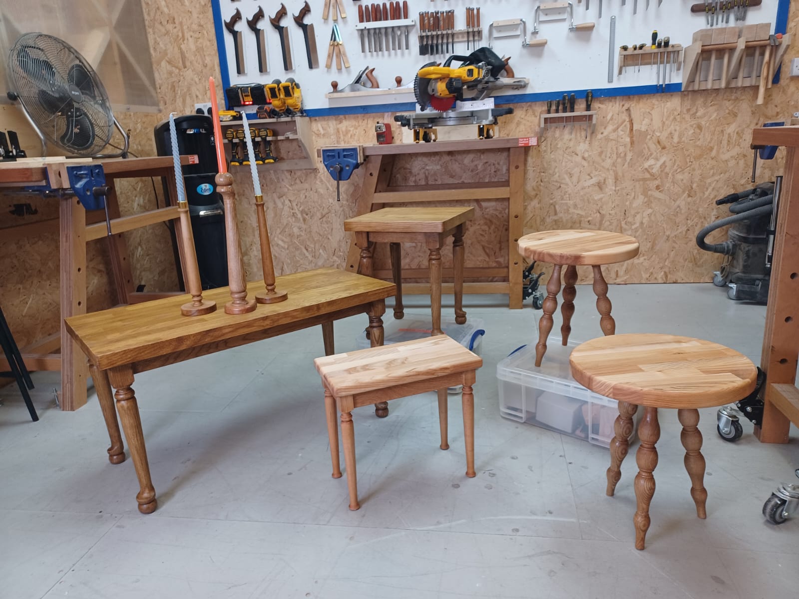 Wooden tables & candlestick holders by Rob Bent