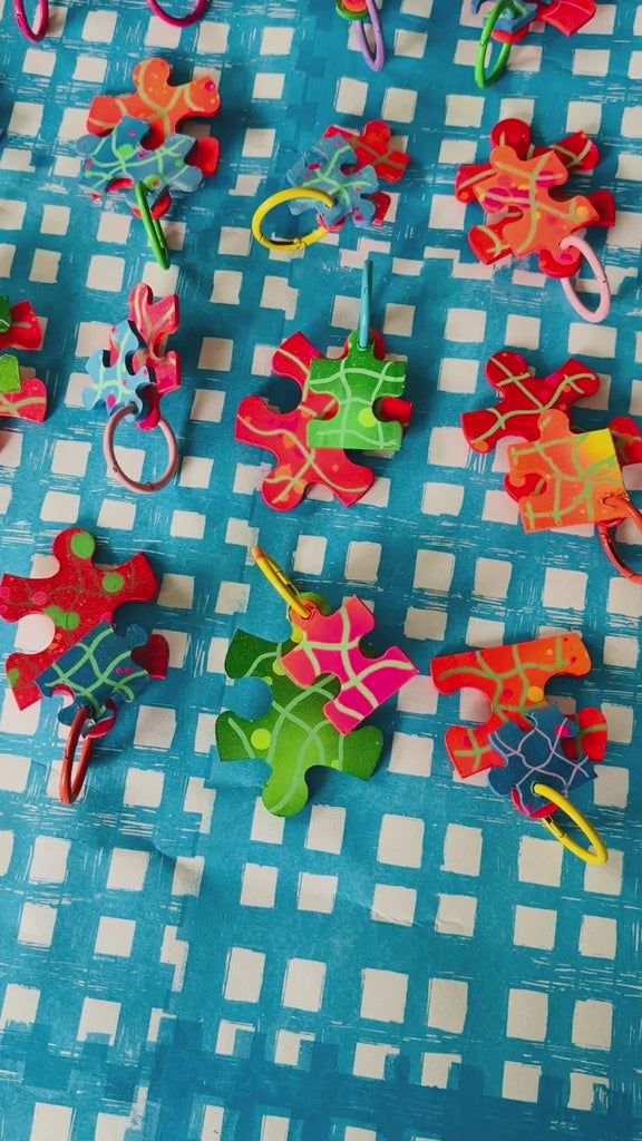 WOODEN JIGSAW PIECE BAG CHARMS BY SARAH MOORE